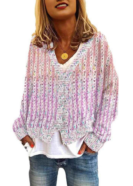 Neck Cardigan Pink Women Cozy V Striped Spring Knit FashionChic