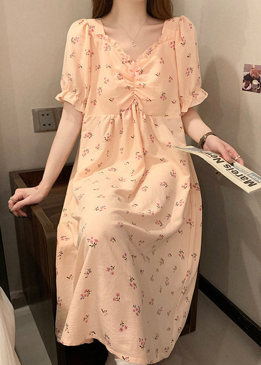 Women Pink V Neck Wrinkled Print Cotton Pajamas Long Dress Summer YK019 ABC