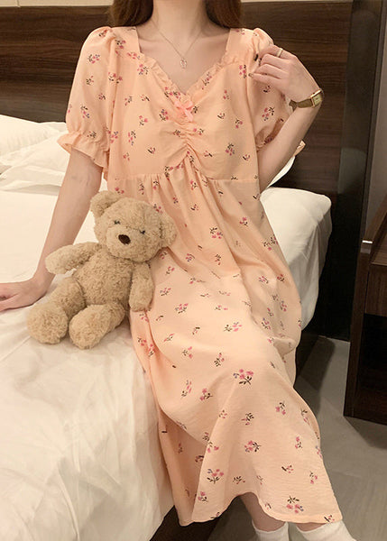 Women Pink V Neck Wrinkled Print Cotton Pajamas Long Dress Summer YK019 ABC