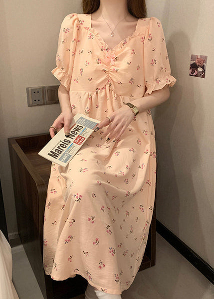 Women Pink V Neck Wrinkled Print Cotton Pajamas Long Dress Summer YK019 ABC