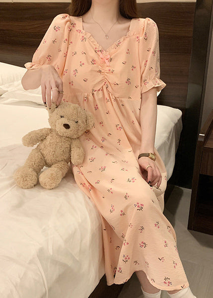 Women Pink V Neck Wrinkled Print Cotton Pajamas Long Dress Summer YK019 ABC