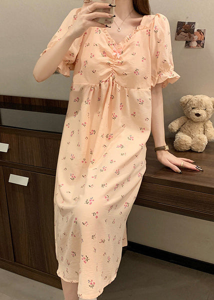 Women Pink V Neck Wrinkled Print Cotton Pajamas Long Dress Summer YK019 ABC