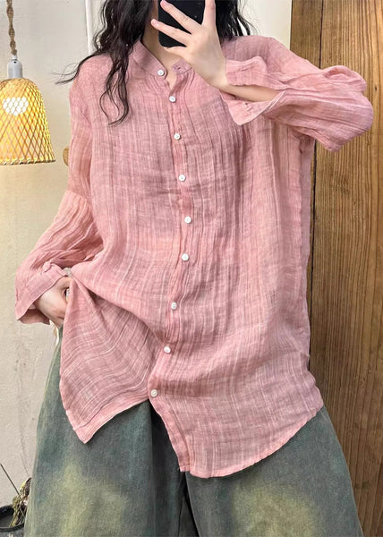 Wrinkled Solid Pink Button Spring Linen Women Shirt FashionChic