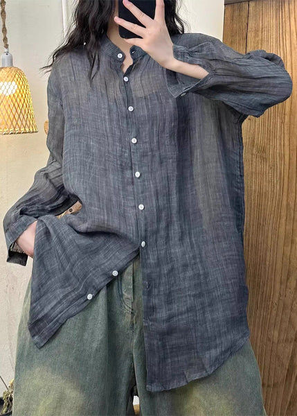 Wrinkled Solid Pink Button Spring Linen Women Shirt FashionChic