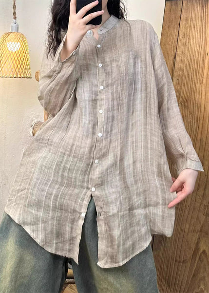 Wrinkled Solid Pink Button Spring Linen Women Shirt FashionChic