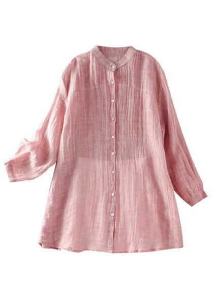 Wrinkled Solid Pink Button Spring Linen Women Shirt FashionChic