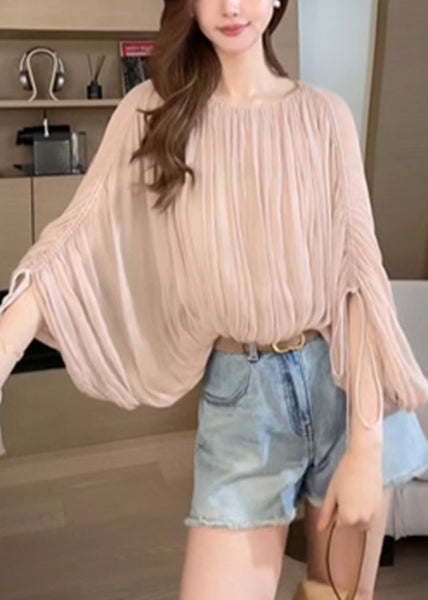 Pink Shirts Women Wrinkled Sleeve Up Lace Batwing FashionChic
