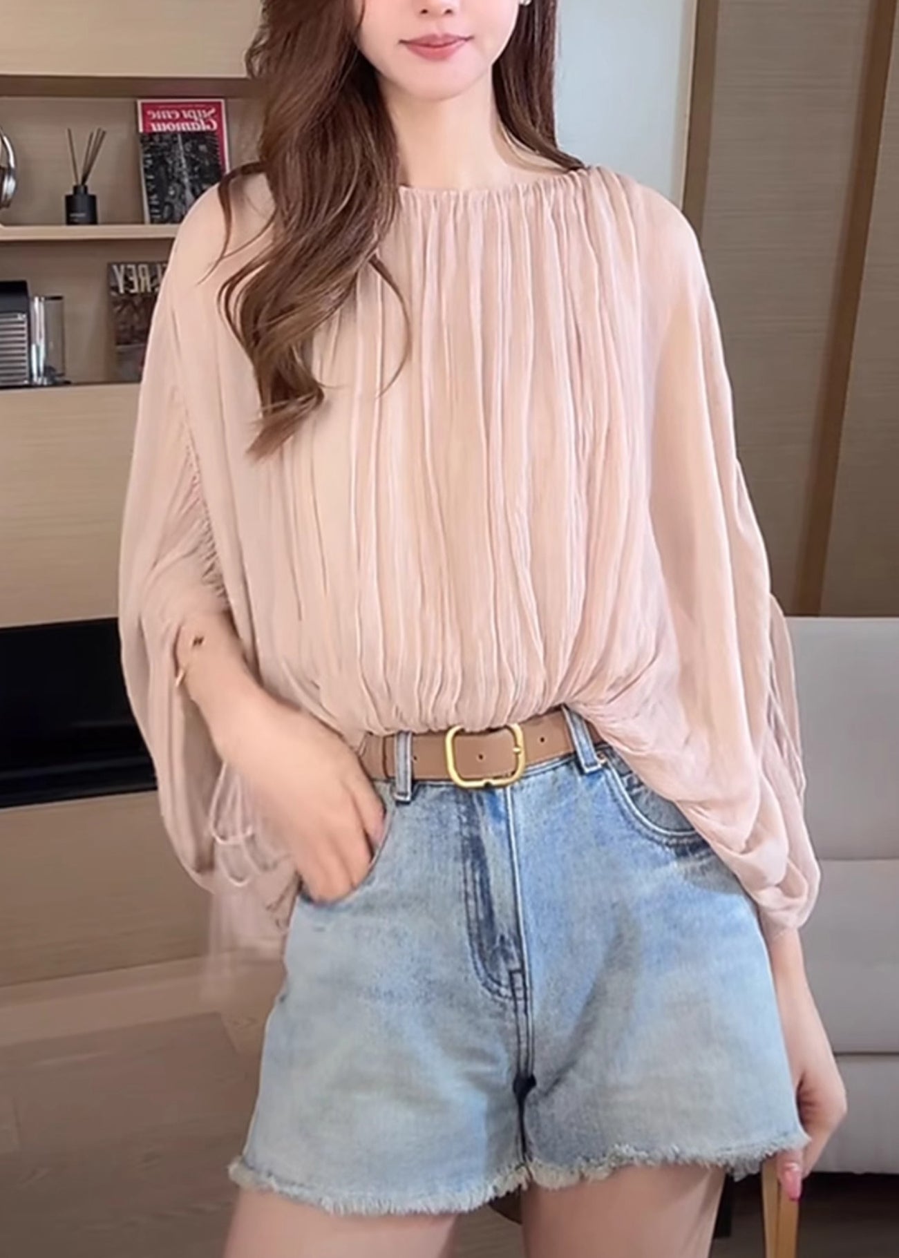 Pink Shirts Women Wrinkled Sleeve Up Lace Batwing FashionChic