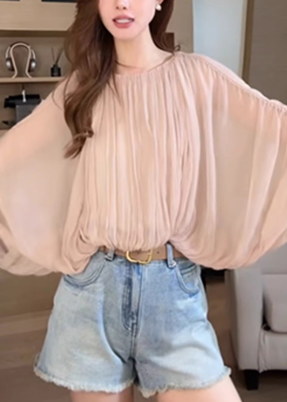 Pink Shirts Women Wrinkled Sleeve Up Lace Batwing FashionChic