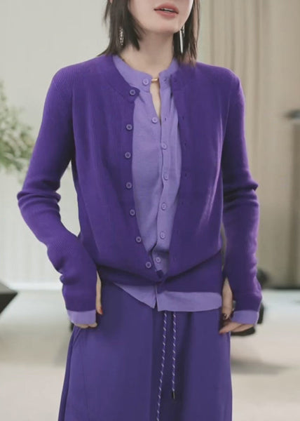 Women Purple Button Patchwork False Two Pieces Knit Sweaters Winte WM017 ABC