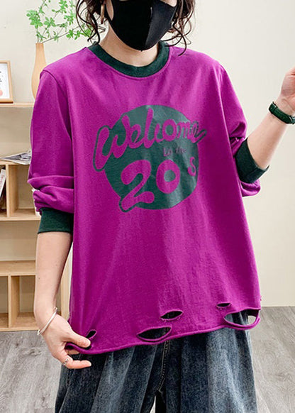 Women Purple Hole Print Cotton Tops Long Sleeve AU1038 MZF-240903