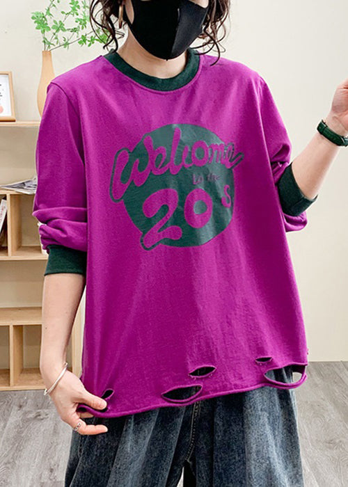 Women Purple Hole Print Cotton Tops Long Sleeve AU1038 MZF-240903