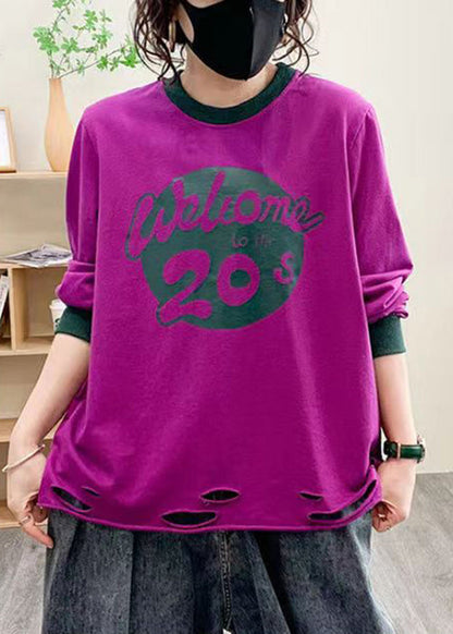 Women Purple Hole Print Cotton Tops Long Sleeve AU1038 MZF-240903