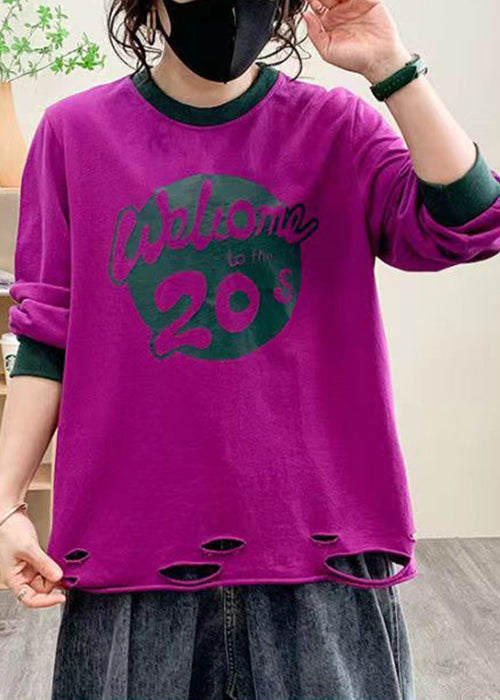 Women Purple Hole Print Cotton Tops Long Sleeve AU1038 MZF-240903