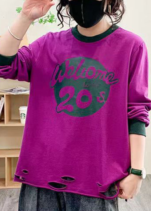 Women Purple Hole Print Cotton Tops Long Sleeve AU1038 MZF-240903