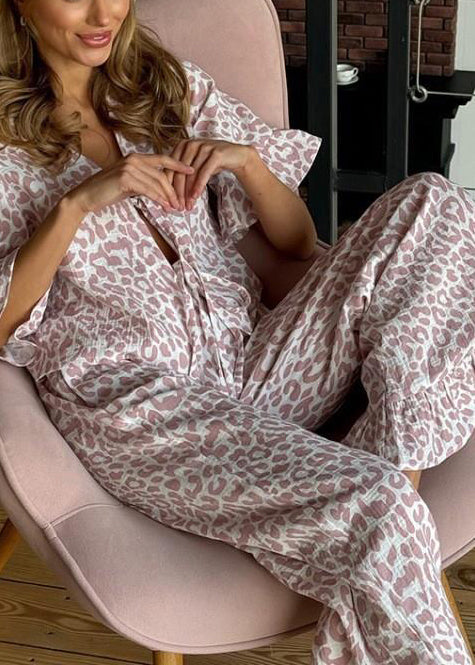 Lace Cotton Print Leopard Women Summer Purple Sets Pajama Up FashionChic