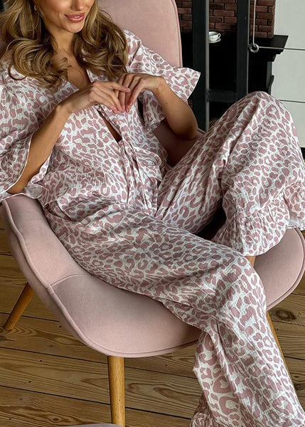 Lace Cotton Print Leopard Women Summer Purple Sets Pajama Up FashionChic