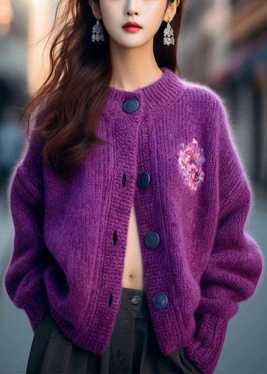 Women Purple O Neck Button Cozy Knit Cardigan Winter WX019 ABC