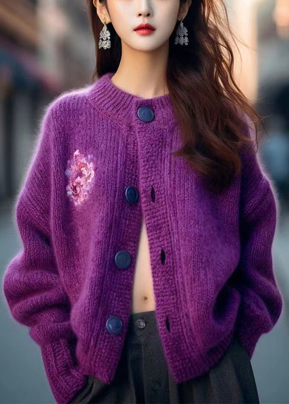 Women Purple O Neck Button Cozy Knit Cardigan Winter WX019 ABC