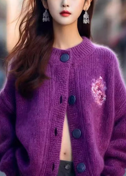 Women Purple O Neck Button Cozy Knit Cardigan Winter WX019 ABC