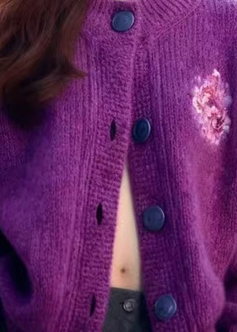 Women Purple O Neck Button Cozy Knit Cardigan Winter WX019 ABC