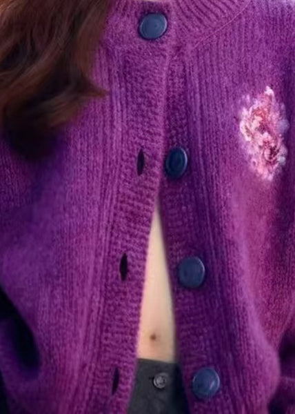 Women Purple O Neck Button Cozy Knit Cardigan Winter WX019 ABC