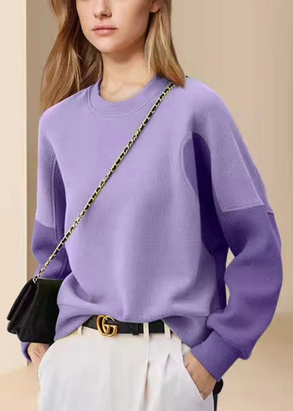 Women Purple O Neck Patchwork Cotton Sweatshirt Fall WX012 ABC