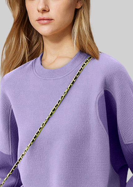 Women Purple O Neck Patchwork Cotton Sweatshirt Fall WX012 ABC