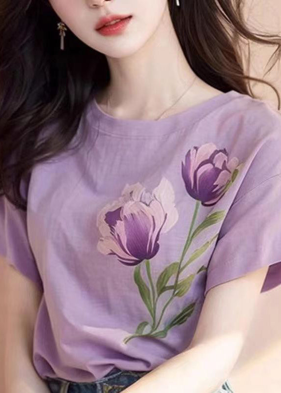 Women Purple O Neck Print Cotton T Shirt Short Sleeve KJ001 ZS-STP240715