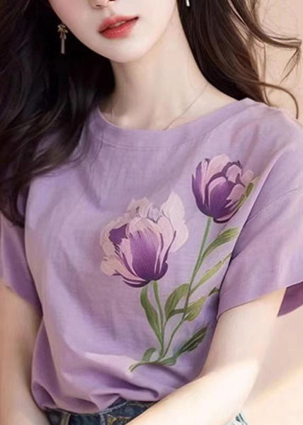Women Purple O Neck Print Cotton T Shirt Short Sleeve KJ001 ZS-STP240715