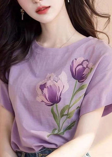 Women Purple O Neck Print Cotton T Shirt Short Sleeve KJ001 ZS-STP240715