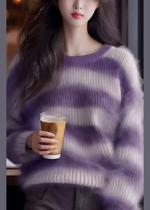 Women Purple O Neck Striped Cozy Knit Sweater Winter WK004 OM-SW241119