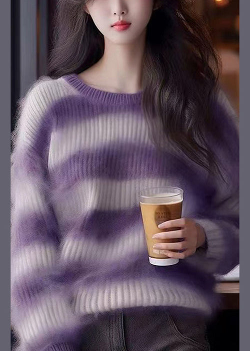 Women Purple O Neck Striped Cozy Knit Sweater Winter WK004 OM-SW241119