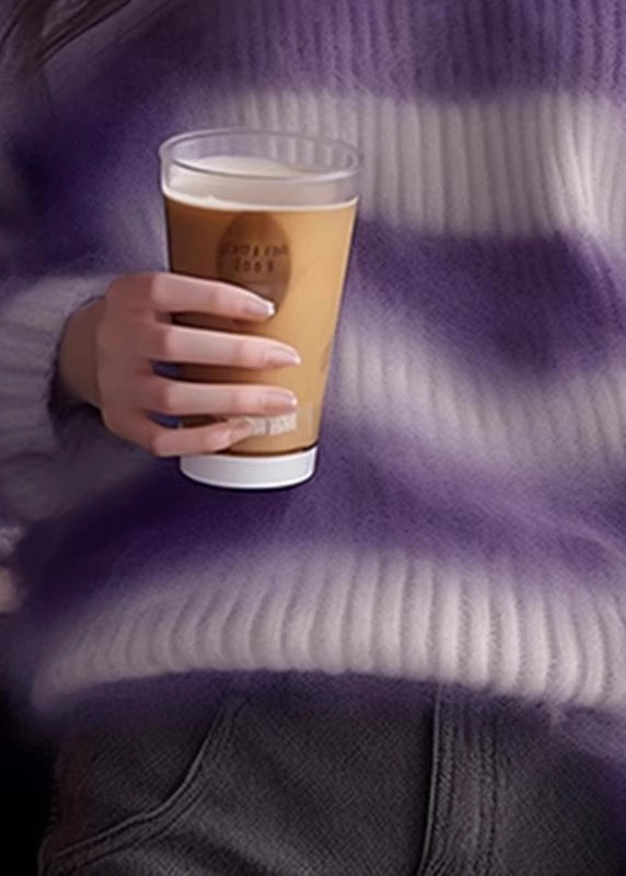 Women Purple O Neck Striped Cozy Knit Sweater Winter WK004 OM-SW241119