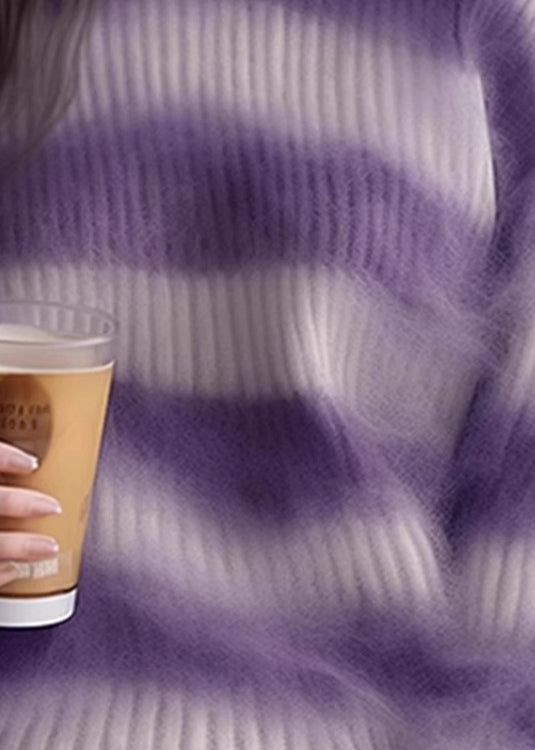Women Purple O Neck Striped Cozy Knit Sweater Winter WK004 OM-SW241119