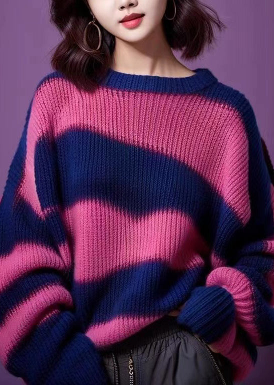 Women Purple O Neck Thick Patchwork Knit Sweater Winter WX018 ABC