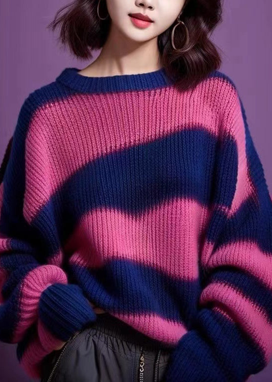 Women Purple O Neck Thick Patchwork Knit Sweater Winter WX018 ABC
