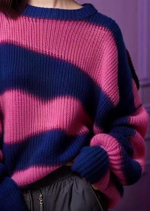 Women Purple O Neck Thick Patchwork Knit Sweater Winter WX018 ABC