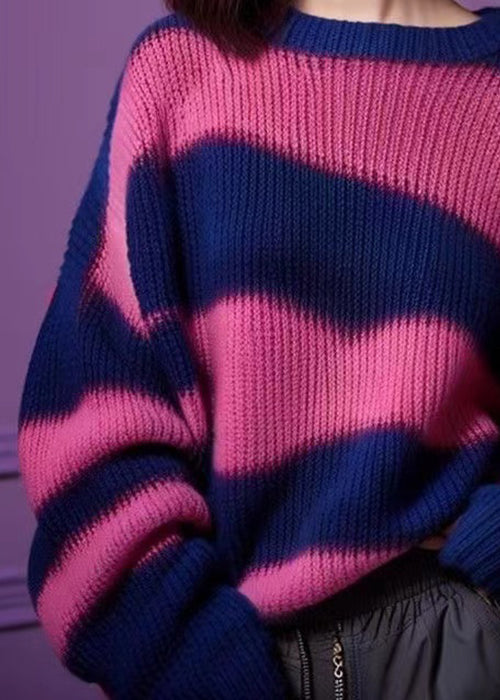 Women Purple O Neck Thick Patchwork Knit Sweater Winter WX018 ABC