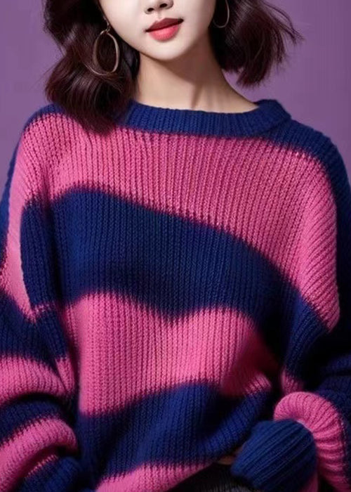 Women Purple O Neck Thick Patchwork Knit Sweater Winter WX018 ABC