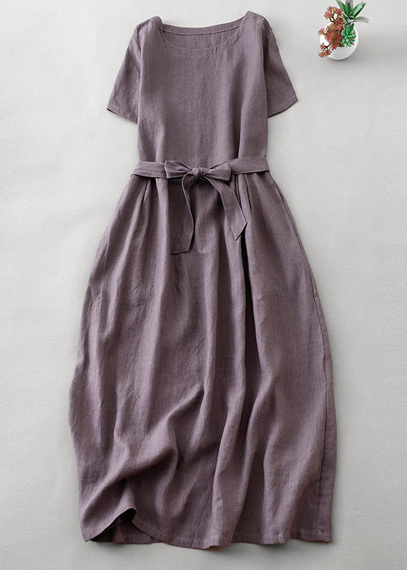 Women Purple O Neck Tie Waist Pockets Linen Long Dress Summer FF044 MZF-SDL240607