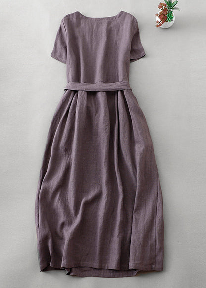Women Purple O Neck Tie Waist Pockets Linen Long Dress Summer FF044 MZF-SDL240607
