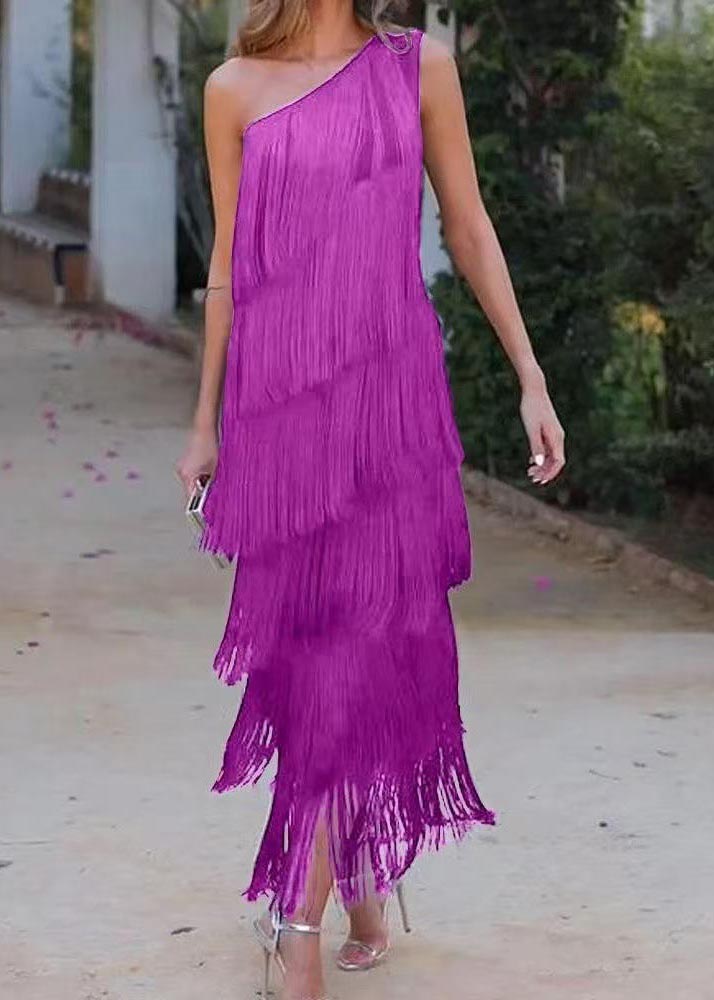 Dresses Shoulder Tasseled Sleeveless One Women Purple FashionChic