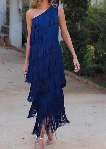 Dresses Shoulder Tasseled Sleeveless One Women Purple FashionChic