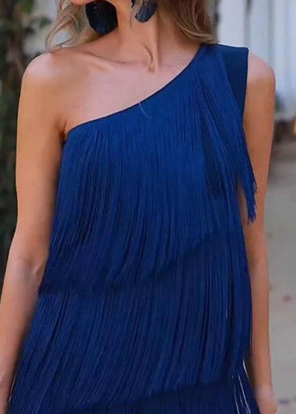 Dresses Shoulder Tasseled Sleeveless One Women Purple FashionChic