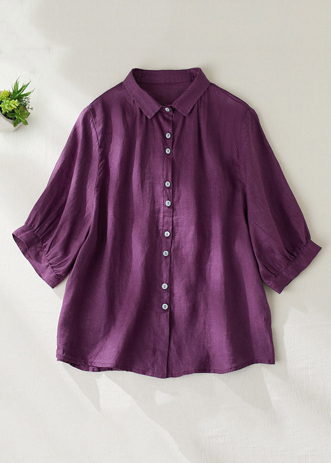 Women Purple Peter Pan Collar Button Linen Blouse Summer GG031 MZF-STP240610