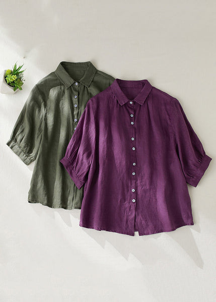 Women Purple Peter Pan Collar Button Linen Blouse Summer GG031 MZF-STP240610
