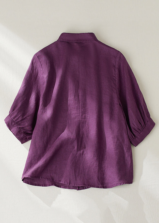 Women Purple Peter Pan Collar Button Linen Blouse Summer GG031 MZF-STP240610