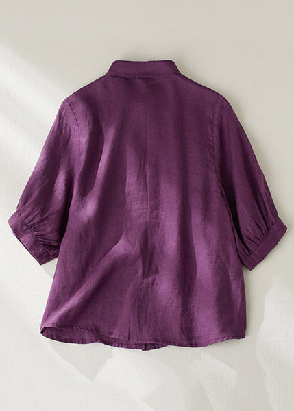 Women Purple Peter Pan Collar Button Linen Blouse Summer GG031 MZF-STP240610