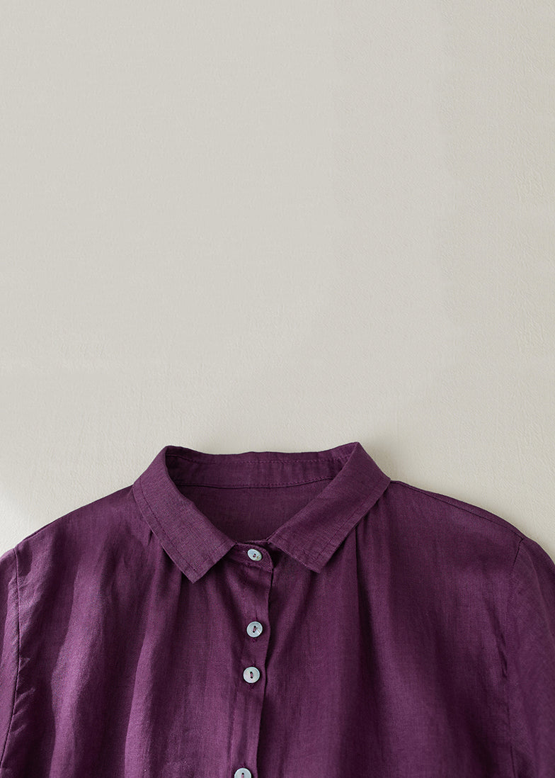 Women Purple Peter Pan Collar Button Linen Blouse Summer GG031 MZF-STP240610